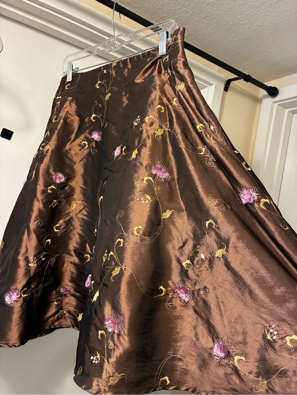Brown Satin-Like Cottagecore Whimsical Floral Patterned Midi Skirt